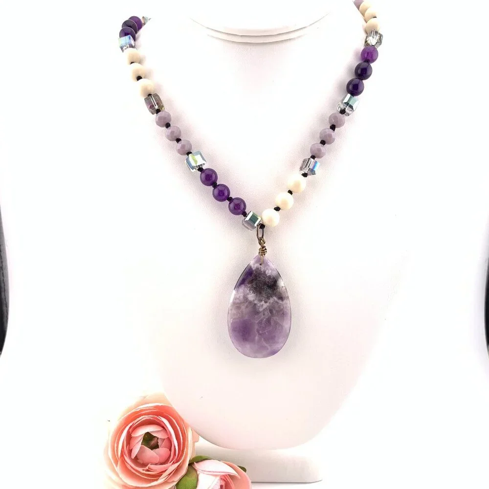 Amethyst Stone Teardrop Stone & Glass Beads Long Necklace Boho J890 - Picture 4 of 10